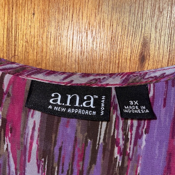 •A.N.A•PINK/BROWN/PURPLE ABSTRACT PRINTED SHEER RUFFLE NECK BUTTON UP BLOUSE 3X - Picture 5 of 11